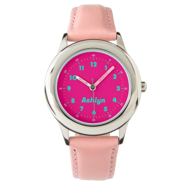 Custom Name Whipsy Hot Pink Kids Time Teaching Watch (Front)