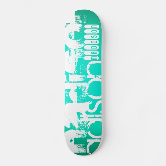 Custom Name, White and Neon Aqua Turquoise Skateboard (Front)
