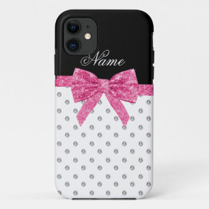 Custom name white diamonds pink glitter bow iPhone 11 case