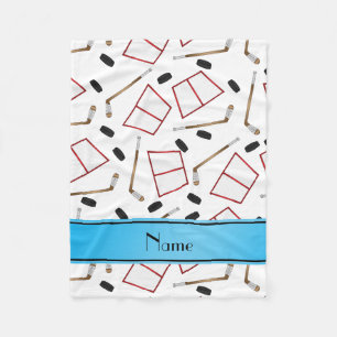Custom name white hockey sticks pucks nets fleece blanket