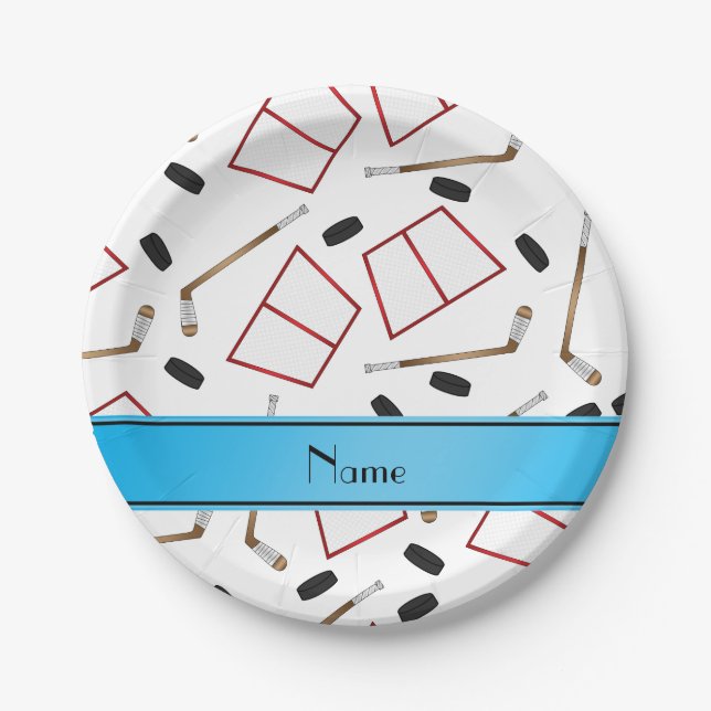 Custom name white hockey sticks pucks nets paper plate (Front)