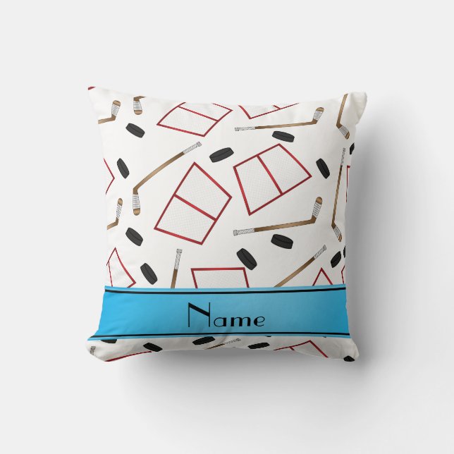 Custom name white hockey sticks pucks nets throw pillow (Front)