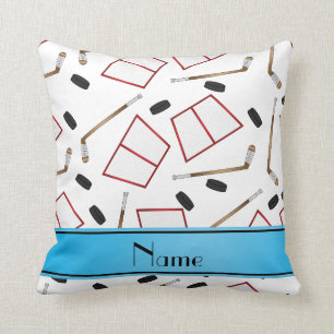 Custom name white hockey sticks pucks nets throw pillow