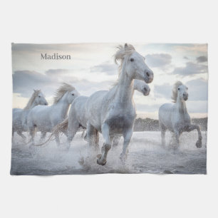 Custom Name White Horses Kitchen Towel