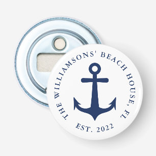 Custom Name White Navy Blue Anchor Nautical Bottle Opener