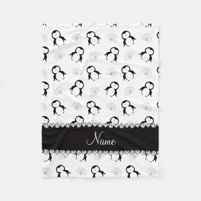 Custom name white penguins igloos snowflakes fleece blanket (Front)