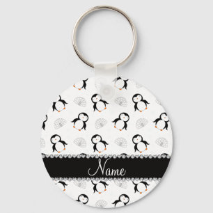 Custom name white penguins igloos snowflakes keychain