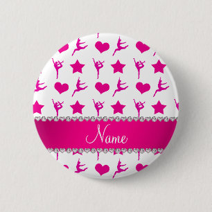Custom name white pink gymnastics stars hearts 2 inch round button