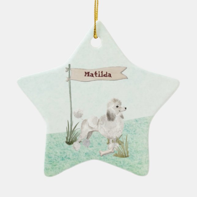 Custom Name White Poodle Pet Dog Ceramic Ornament (Front)