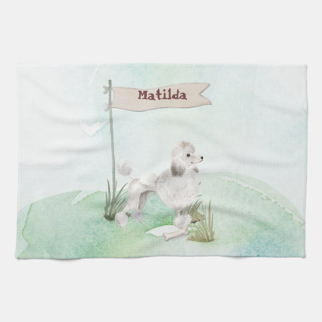 Custom Name White Poodle Pet Dog Kitchen Towel (Horizontal)