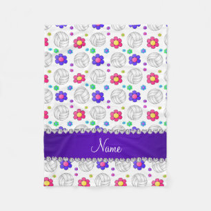 Custom name white volleyball rainbow flowers fleece blanket