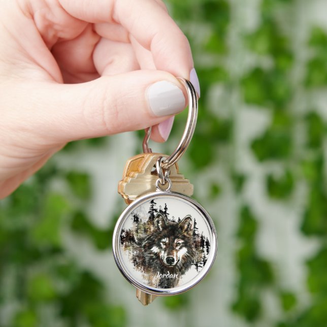 Custom Name Wild Watercolor Wolf Head Keychain (Hand)