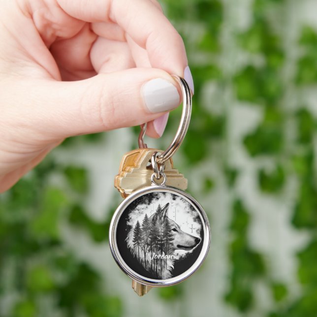 Custom Name Wilderness Wolf Head Keychain (Hand)