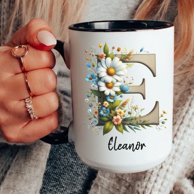 Custom Name Wildflower Monogram Mug for Women (wildflower gift mug, custom women’s mug, birthday gift mug, initial monogram mug, personalized mug,)