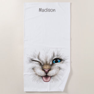 Custom Name Winking Cat Beach Towel