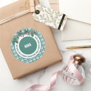 Custom Name Winter Greenery Wreath Classic Round Sticker