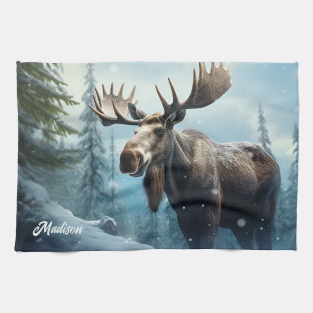 Custom Name Winter Moose Kitchen Towel (Horizontal)