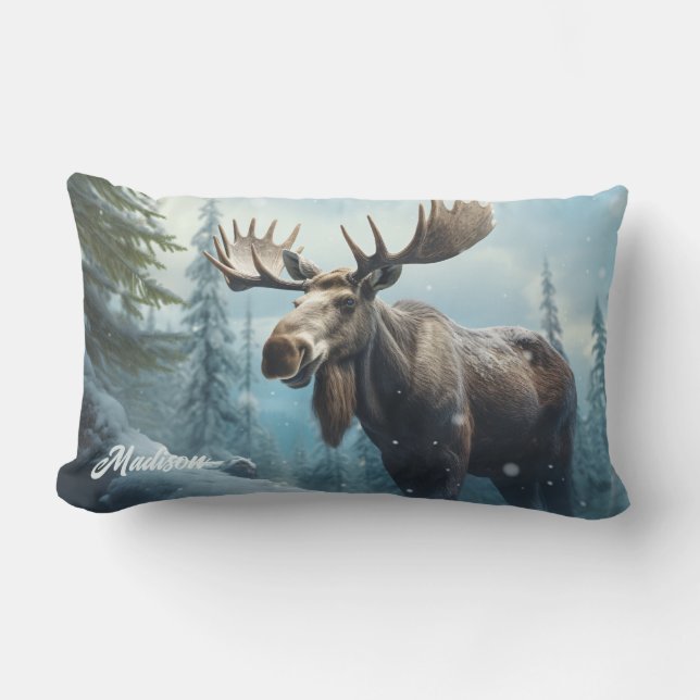 Custom Name Winter Moose Lumbar Pillow (Front)
