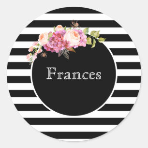 Custom Name with Black & White Stripes and Flowers Classic Round Sticker