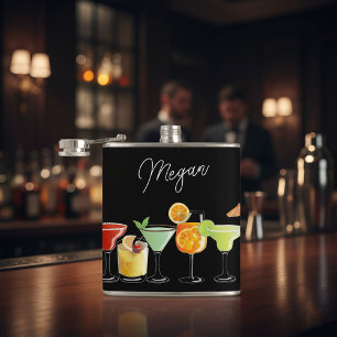 Custom Name with Colorful Hand-Drawn Cocktails Hip Flask