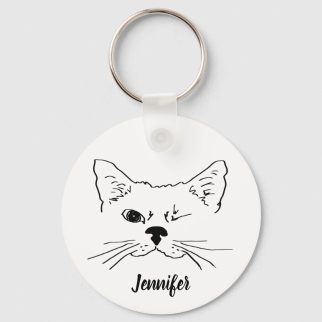 Custom Name with Cute Winking Cat Keychain (Front)