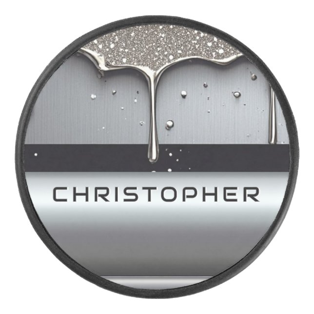 Custom Name With Dripping Liquid Metal Hockey Puck (Front)