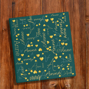 Custom Name with Gold Hearts Girly Green Binder