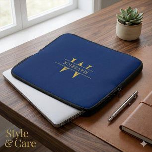 Custom Name With Monogram Stylish Navy Laptop Sleeve