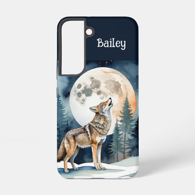 Custom Name Wolf Wolves Howling at the Moon Samsung Galaxy S22 Case (Back)