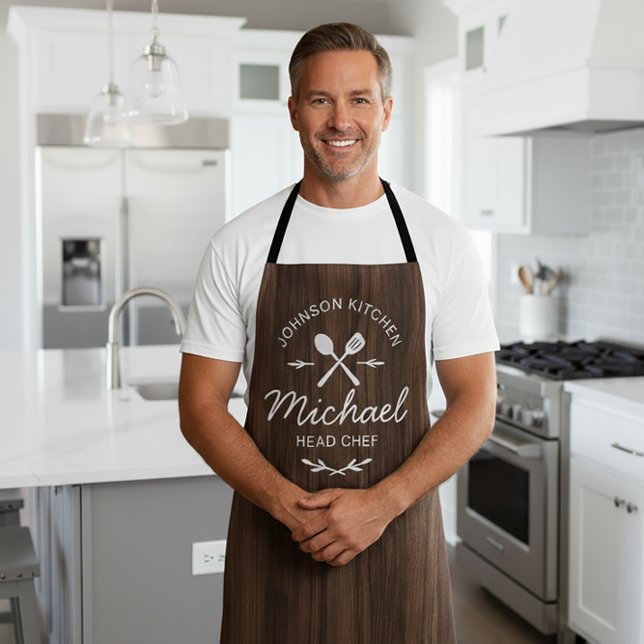 Custom Name Wood Grain Kitchen Head Chef Title Apron (Creator Uploaded)