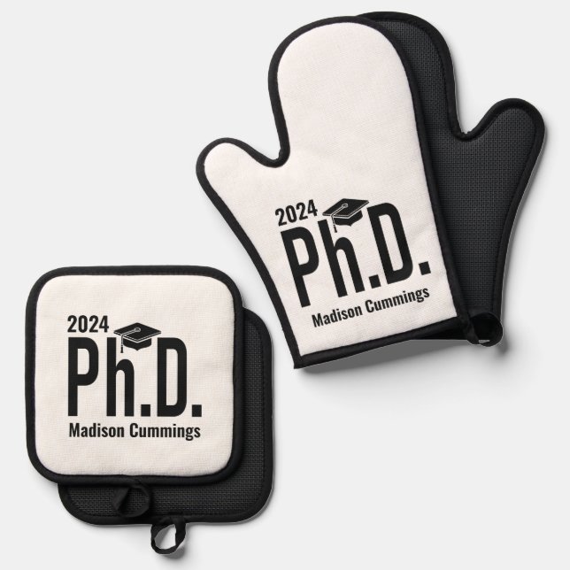 Custom name, year & colour Ph.D. Oven Mitt & Pot Holder Set (Front/Back)