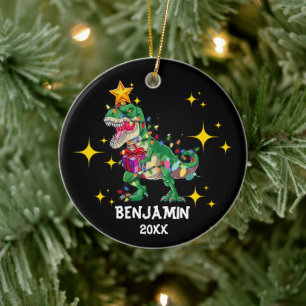 Custom Name Year Dinosaur Christmas Boy Ceramic Ornament