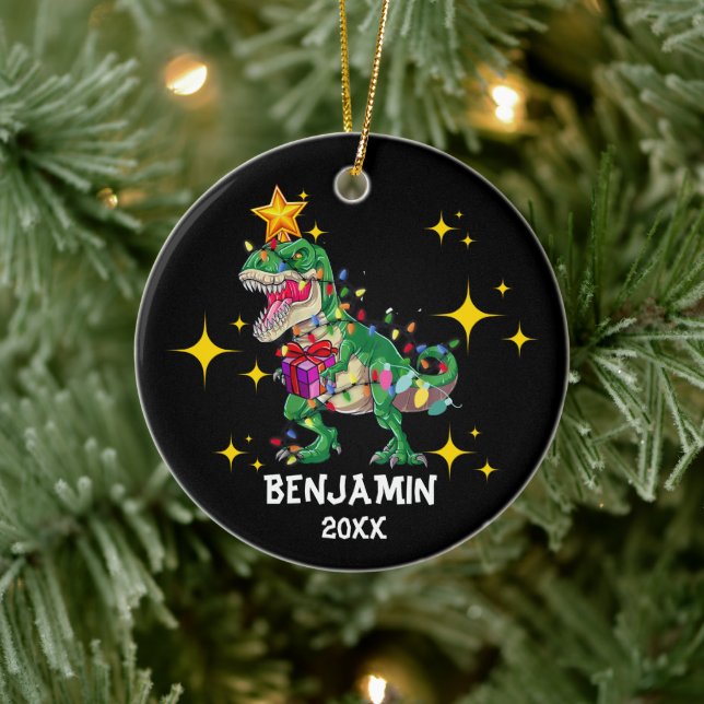 Custom Name Year Dinosaur Christmas Boy Ceramic Ornament (Tree)
