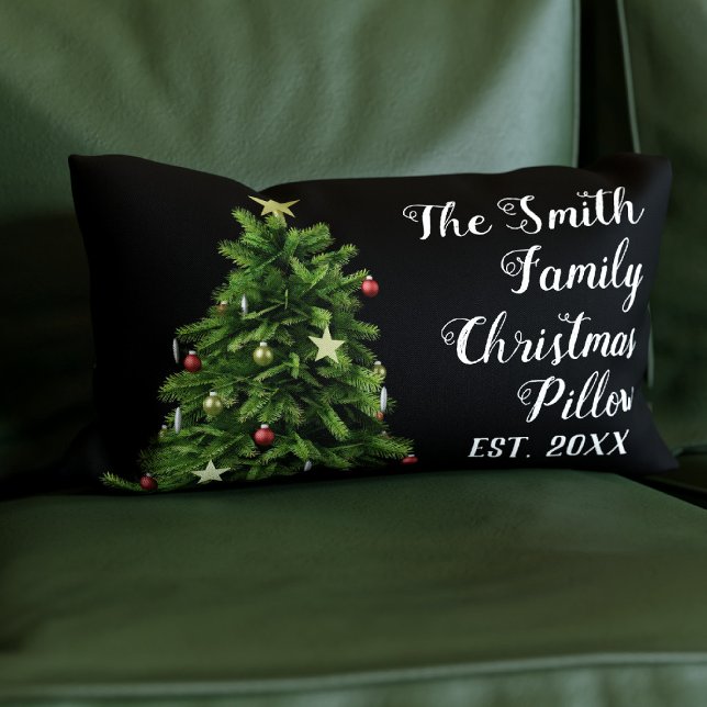 Custom Name Year Est Family Christmas Pillow (Add your family name and year to this festive Christmas tree pillow)