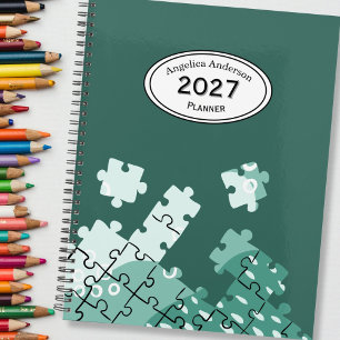 Custom Name Year Puzzle pieces Green Planner