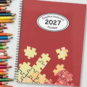 Custom Name Year Puzzle pieces Red Planner