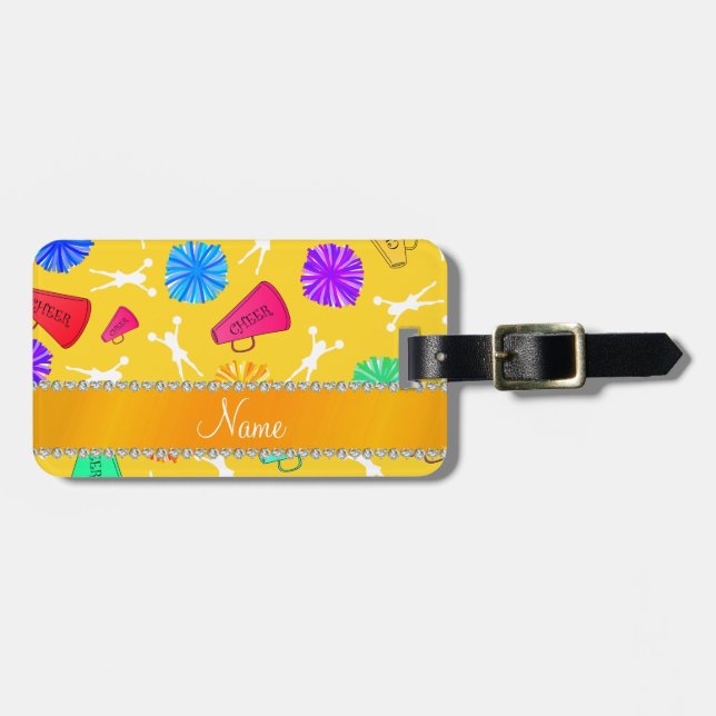 Custom name yellow cheerleading pompoms luggage tag (Front Horizontal)