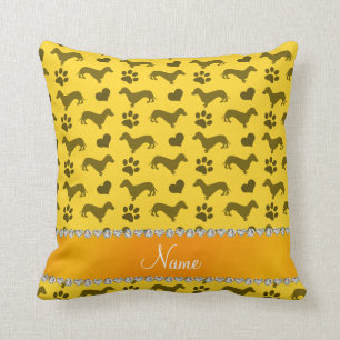 Custom name yellow dachshunds hearts paws throw pillow