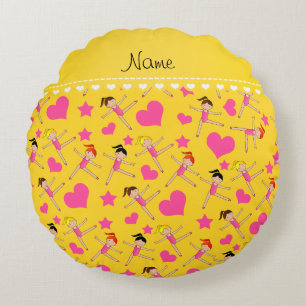 Custom name yellow girl gymnasts hearts stars round pillow