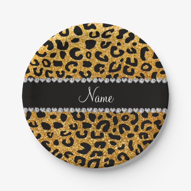 Custom name yellow glitter cheetah print paper plate (Front)