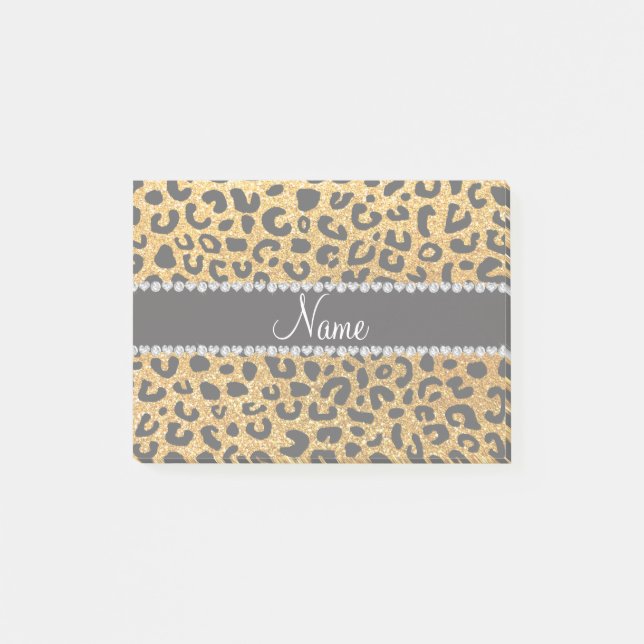 Custom name yellow glitter cheetah print post-it notes (Front)