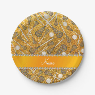 Custom name yellow glitter lacrosse sticks paper plate