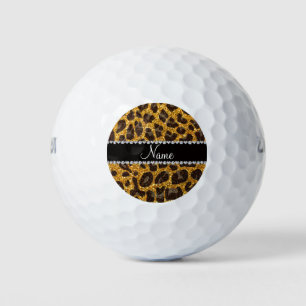 Custom name yellow glitter leopard print golf balls