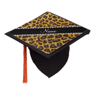 Custom name yellow glitter leopard print graduation cap topper