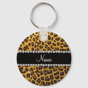Custom name yellow glitter leopard print keychain