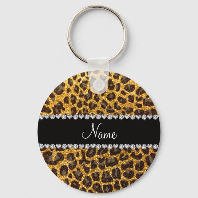 Custom name yellow glitter leopard print keychain (Front)