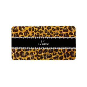 Custom name yellow glitter leopard print label