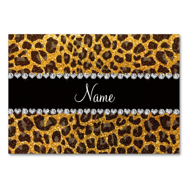 Custom name yellow glitter leopard print table number (Front)