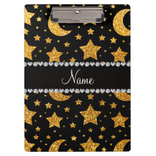 Custom name yellow glitter stars and moons clipboard