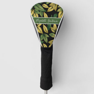 Custom Name Yellow & Green Leaves on Black   Bold  Golf Head Cover